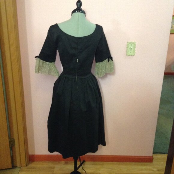 AS IS Vintage 1950s '50s Wool Cocktail Dress w. Lace Sleeves & Small Velvet Bows - Picture 2 of 8